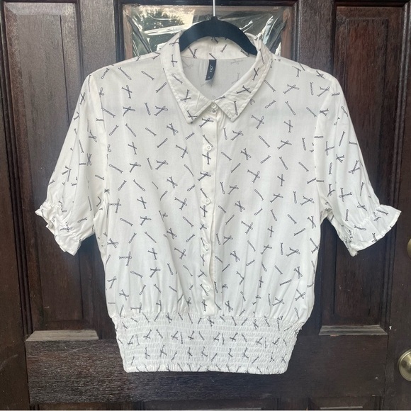 Bobby Pin Pattern Printed Shirt With Smocked Waist Size L Off White & Black - Picture 13 of 13